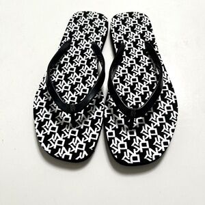 DKNY Logo Flip Flop Sandals Size 8 Black White Thong Slides NWT